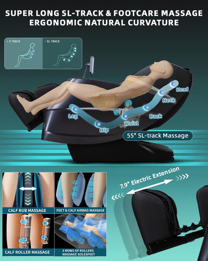 Massage Chair 4D Full Body Zero Gravity 55" Long Sl-Track,Black